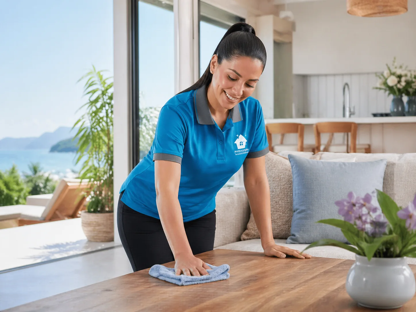 Colaboradora de Aroma a Limpio con uniforme oficial atendiendo un hogar en Costa Rica